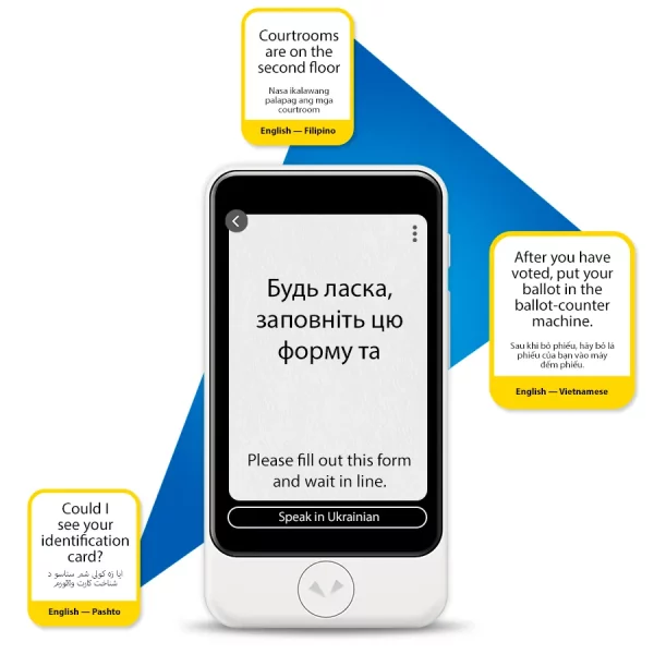 Pocketalk device with translation bubbles in different languages