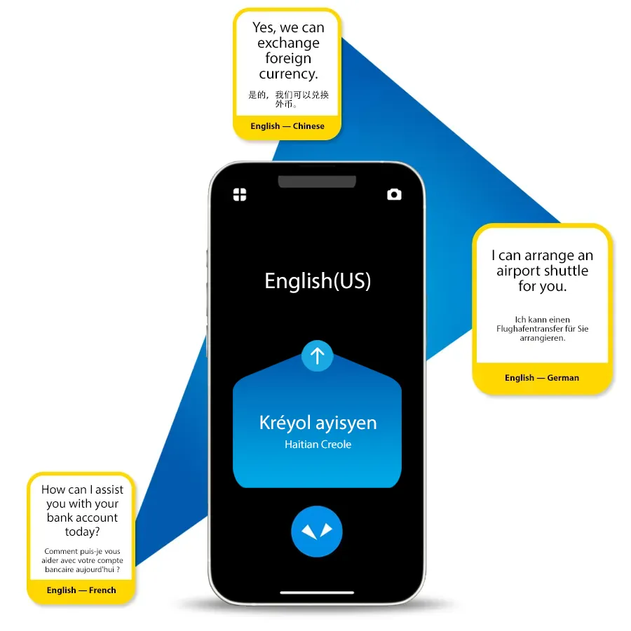 Pocektalk Enterprise App on iOS with translation bubbles surrounding the device