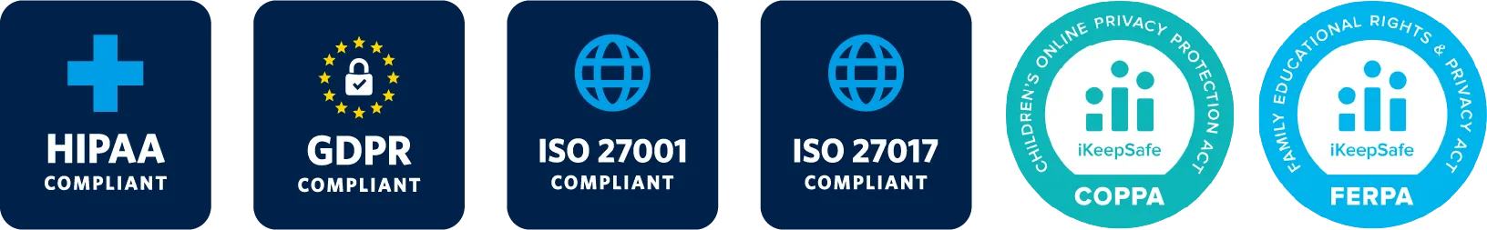 HIPAA, GDPR, ISO 27001, ISO 27017, COPPA, FERPA Compliant